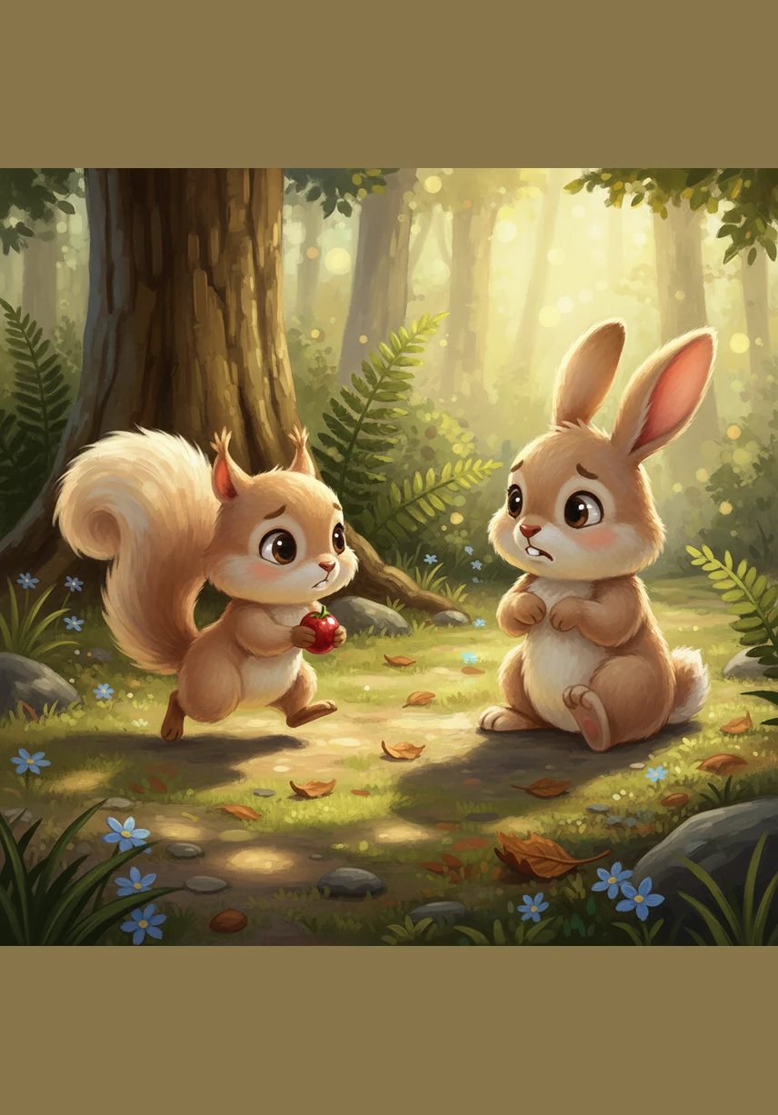 Pip the Squirrel scampers over and asks Barnaby if he can share just one carrot because he is very hungry. Barnaby shakes his head and covers his pile with his ears, refusing to share.