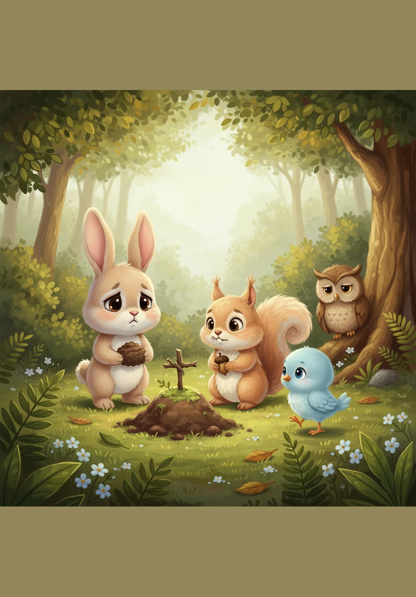 A little blue bird named Bella flies down and chirps softly, asking for a tiny piece of a carrot to eat. Barnaby frowns and turns his back, keeping all the treats hidden away.