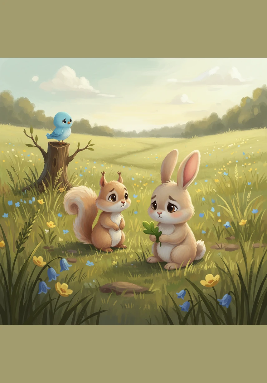 Barnaby sits alone with his mountain of carrots and takes a big bite, but he feels a little bit sad. The meadow feels very quiet, and the carrots don't taste as sweet when he is all by himself.