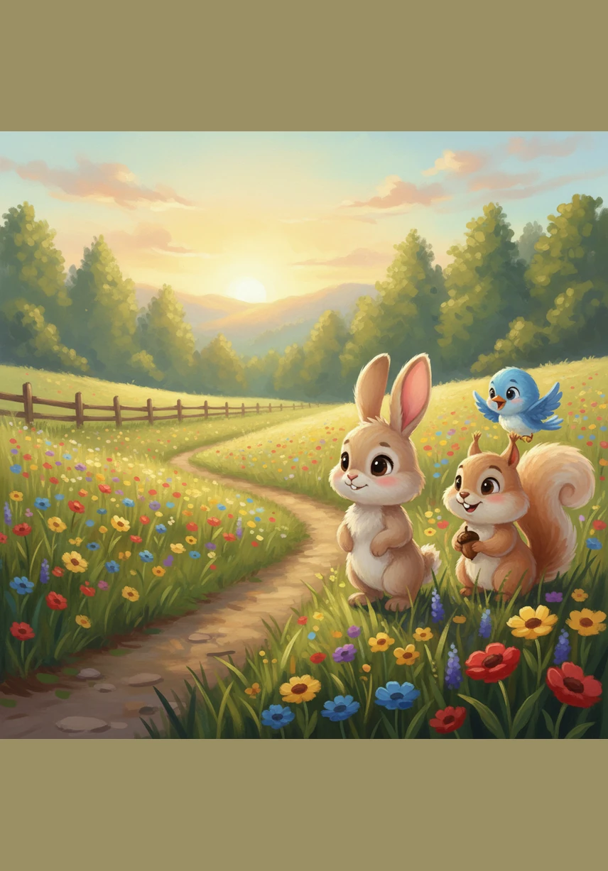 He looks across the field and sees Pip and Bella playing a fun game of tag together. They are laughing and having a wonderful time even though they don't have any carrots.