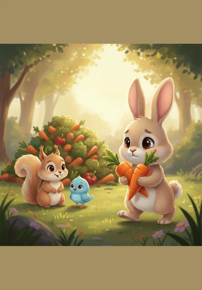 Barnaby realizes that he is lonely and that his friends are more important than his pile of food. He picks up two of his biggest, brightest carrots and walks slowly toward his friends.