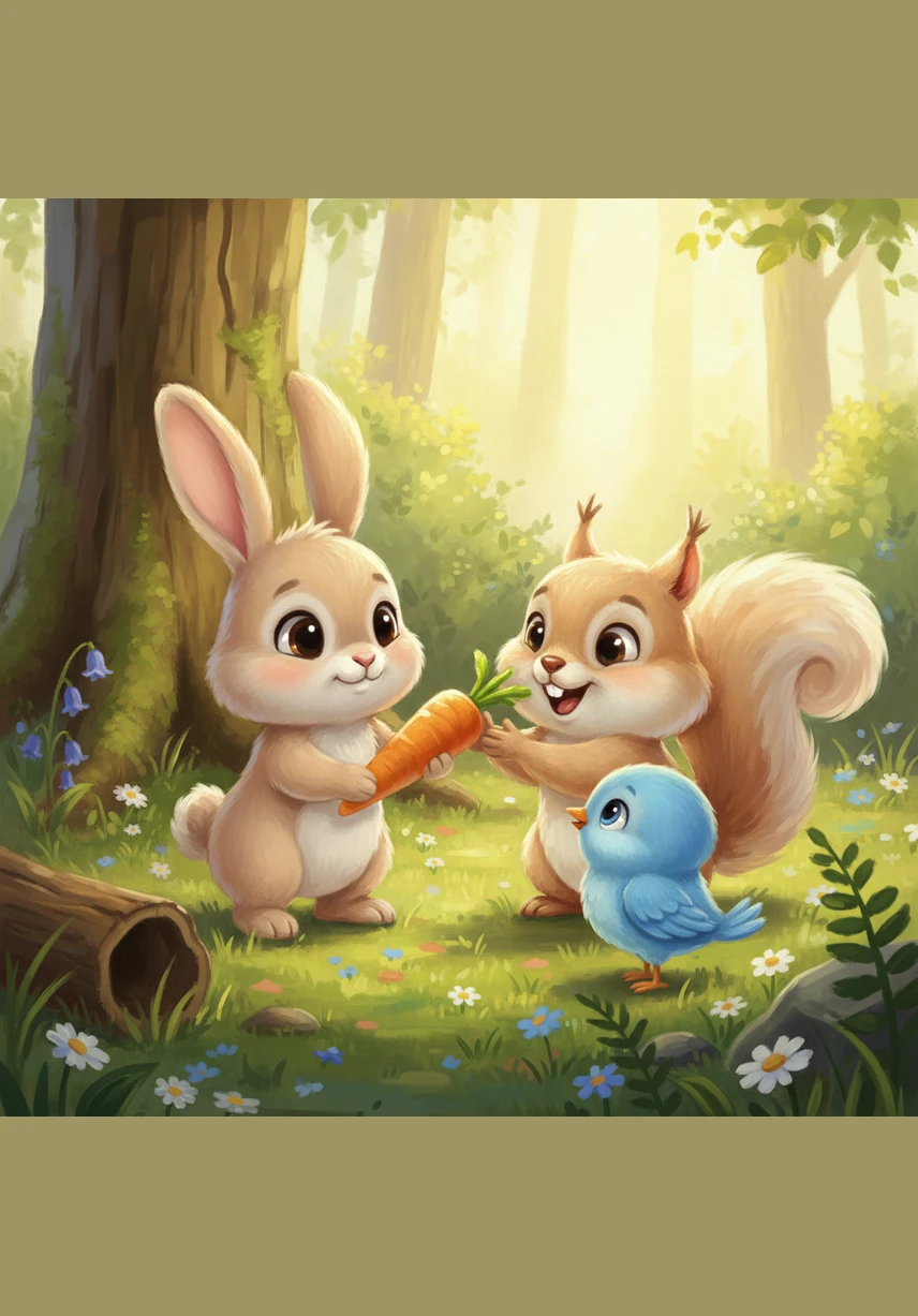 With a shy smile, Barnaby offers a carrot to Pip and another to Bella. His friends look surprised and happy, their faces lighting up with big, joyful smiles.