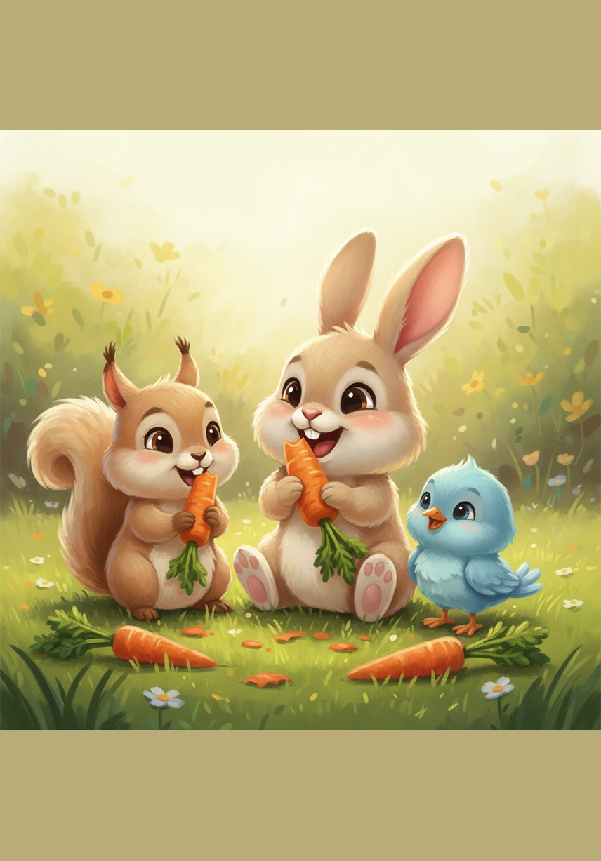 The three friends sit together on a soft patch of grass, munching on the crunchy carrots and sharing funny stories. Barnaby feels a warm, happy glow inside his heart as they laugh together.
