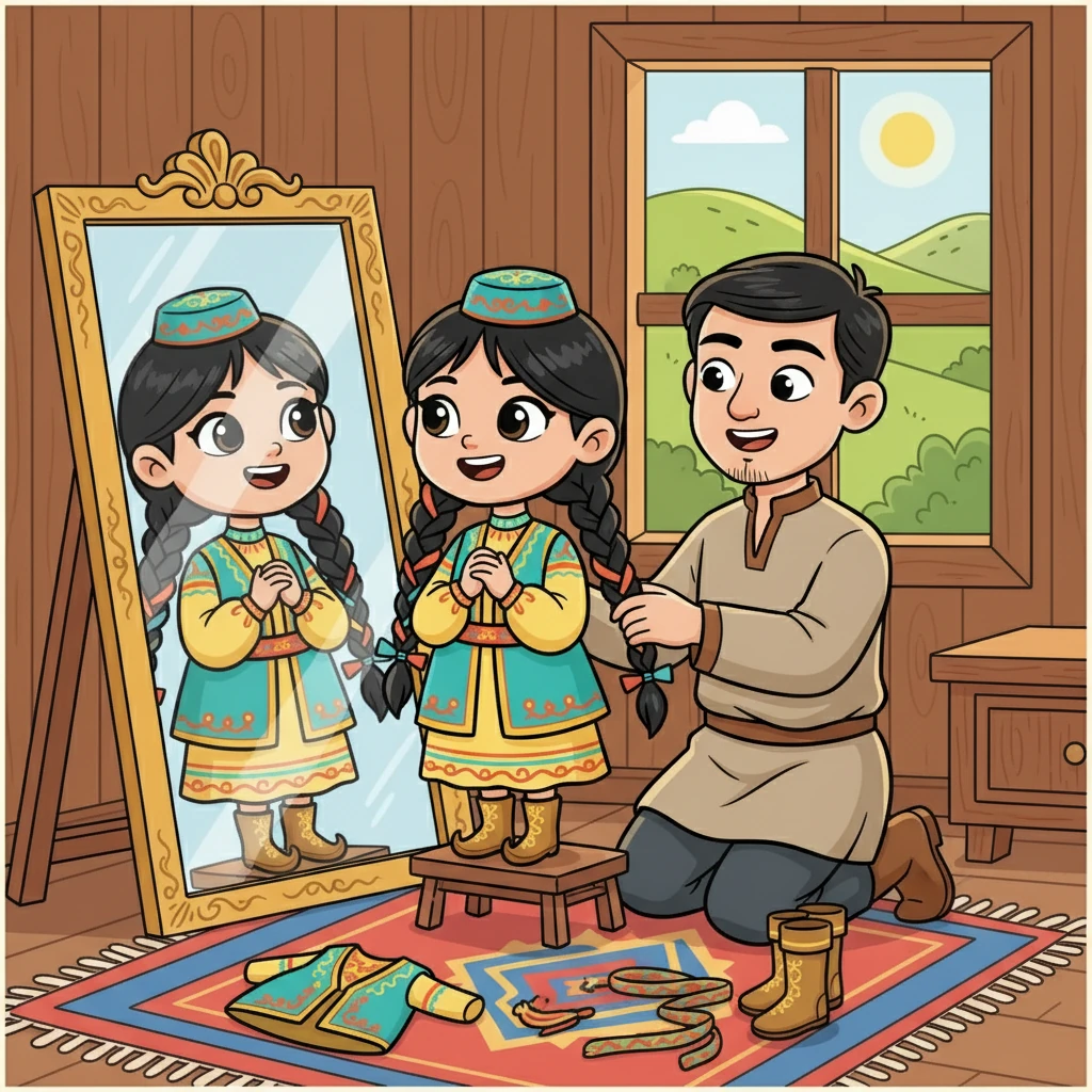 Дананың әкесі оған жаңа киімдерін кигізіп, шашын тарады. Дана өзін ханшайым сияқты сезініп, айнаға қарап күліп қойды. Бүгін оның ең бақытты күні болатынын сезді.