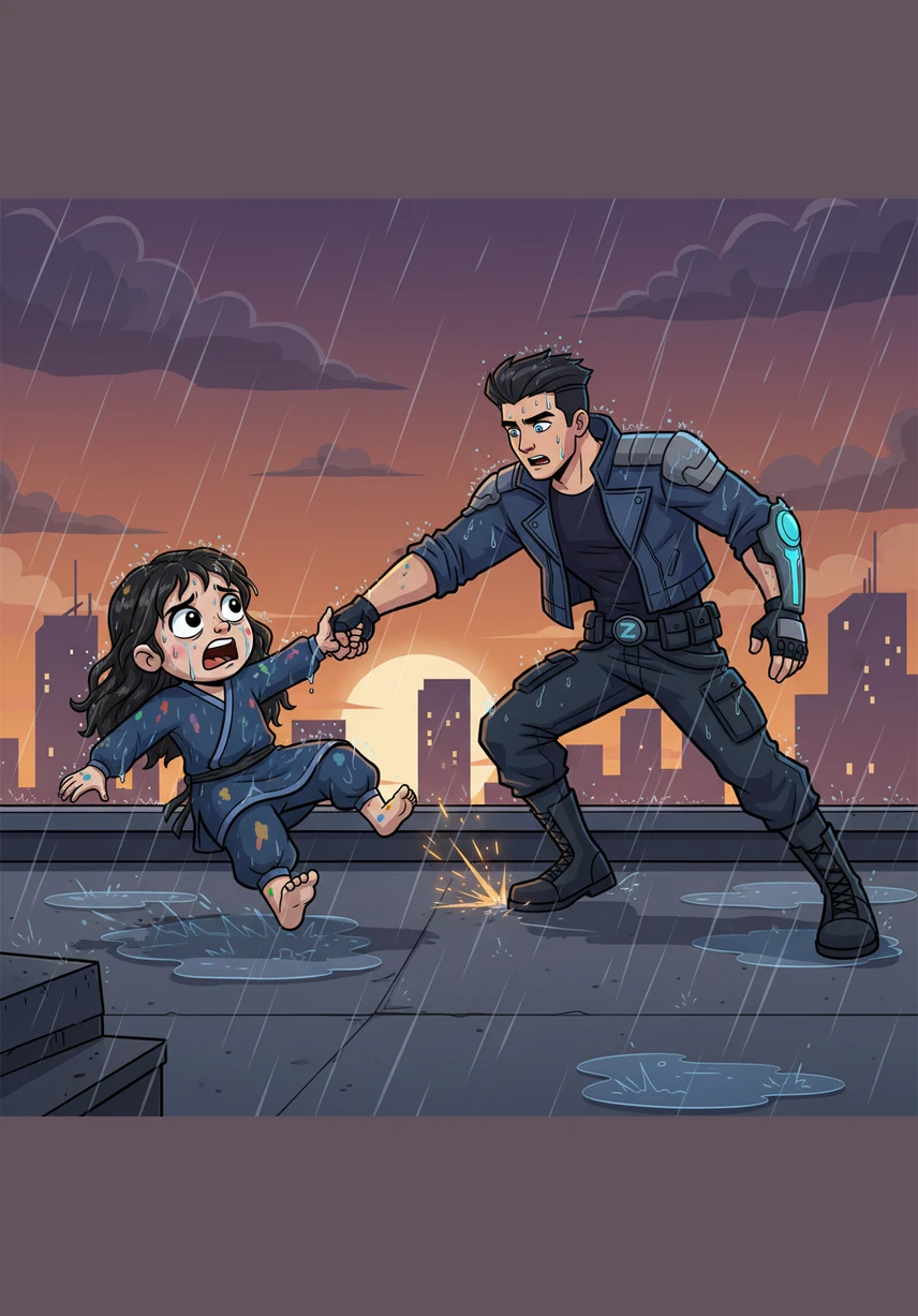 The sky rages with lightning as rain falls like sharp needles, soaking the city in a cold, unforgiving embrace. Anna runs through the deluge, clutching her precious painting tightly against her chest to shield it from the downpour.