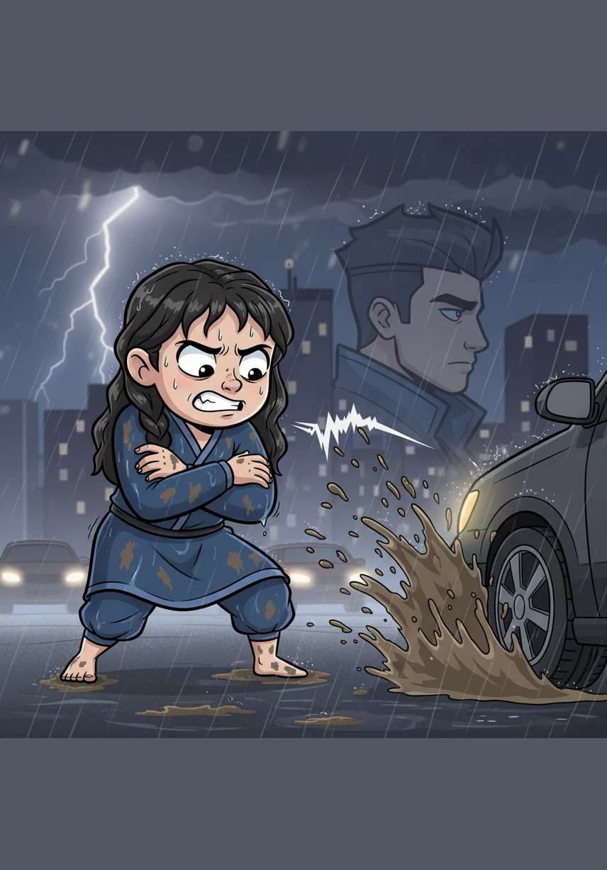 A car splashes through a puddle, sending muddy water toward her, while the cruel words of her past echo louder than the thunder. She clenches her jaw against the memory of a lover who told her that her emotions were a weakness and her art was a dead end.