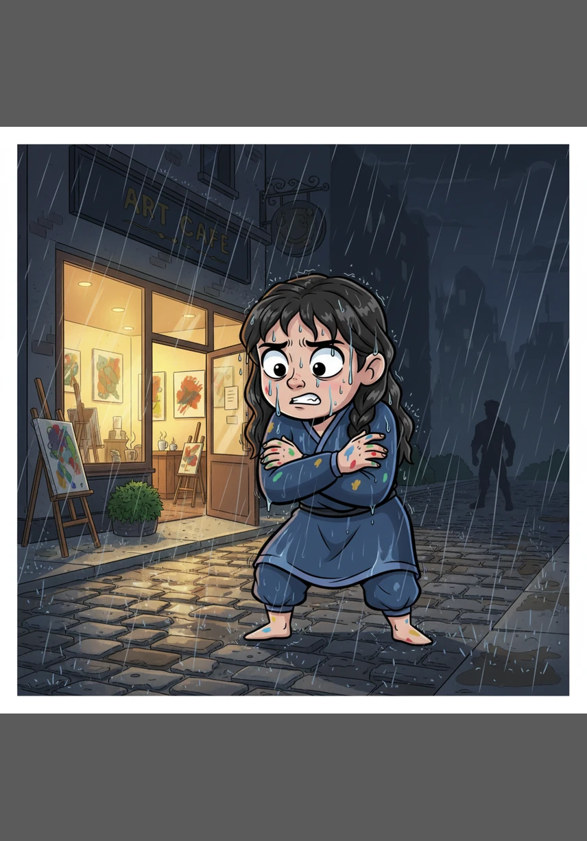 Across the treacherous road, the warm, golden glow of a small art café promises sanctuary from the biting wind and rain. Anna takes a trembling breath, focusing all her strength on reaching that light, unaware of the shadow approaching from the darkness.