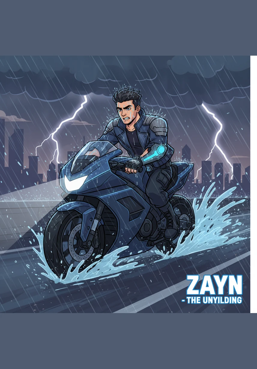 Zayn cuts through the storm on his powerful motorcycle, his black leather jacket slick with rain and his eyes cold and unreadable. He moves with a dangerous grace, indifferent to the chaos of the elements around him, his heart as hardened as the road beneath his tires.