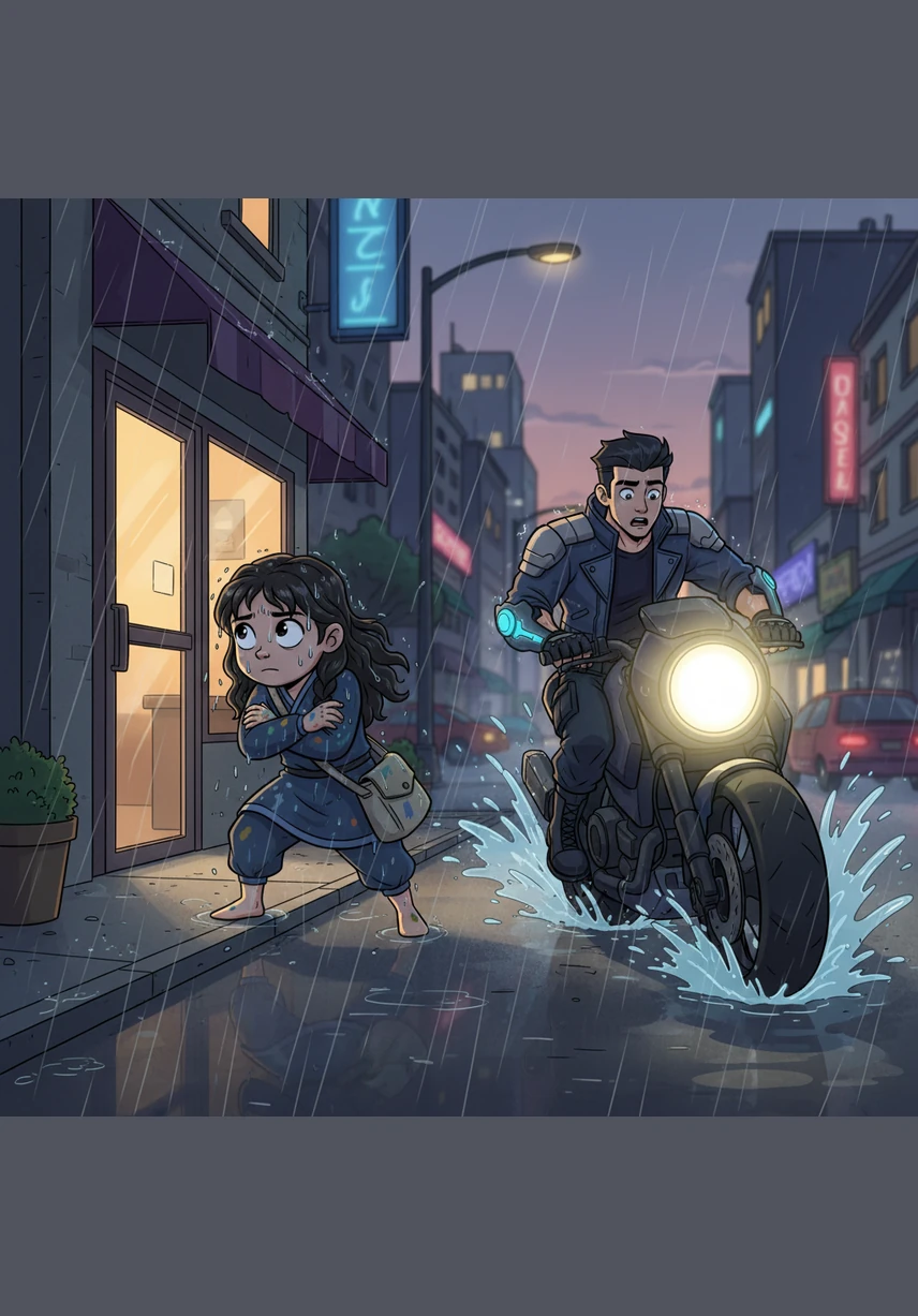 Anna steps into the street, her eyes fixed solely on the café’s entrance, oblivious to the roar of the engine fast approaching. Time seems to slow down as the bike’s headlight cuts through the rain, heading straight for the girl with the canvas.