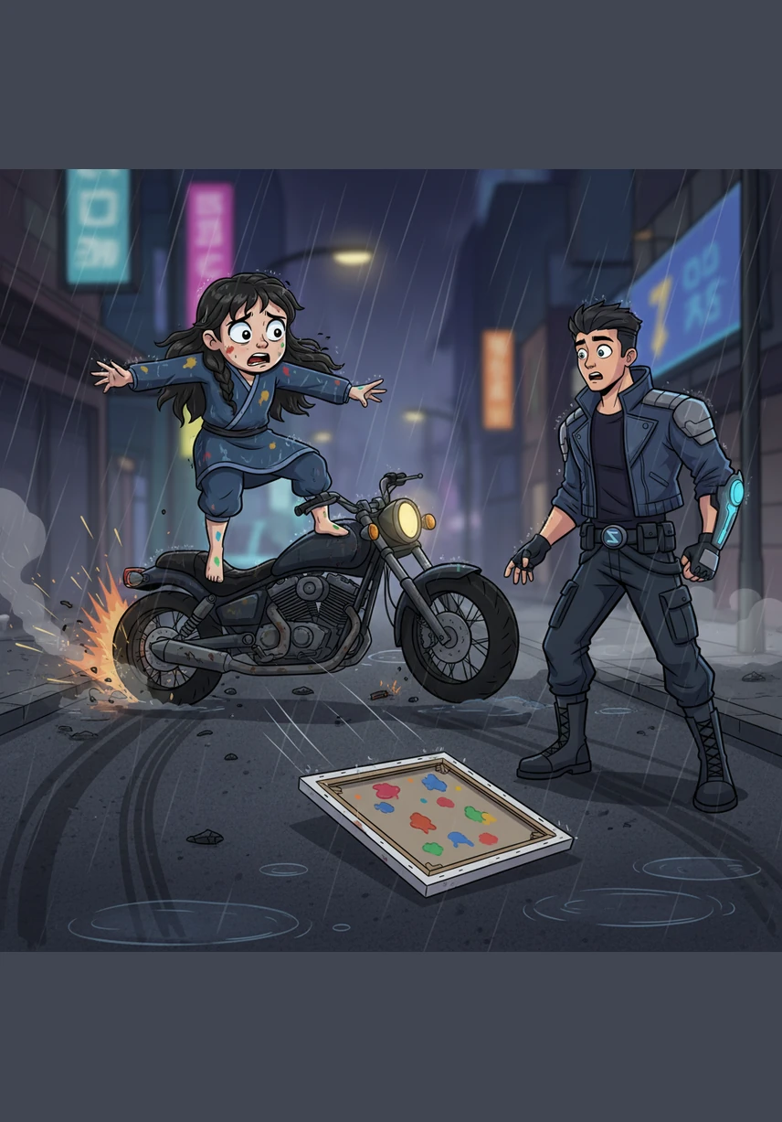 The sound of the crash explodes through the night as the motorcycle skids and Anna is thrown to the ground. Her painting flies from her hands, spinning through the air before slamming face-down into the wet, grimy asphalt.