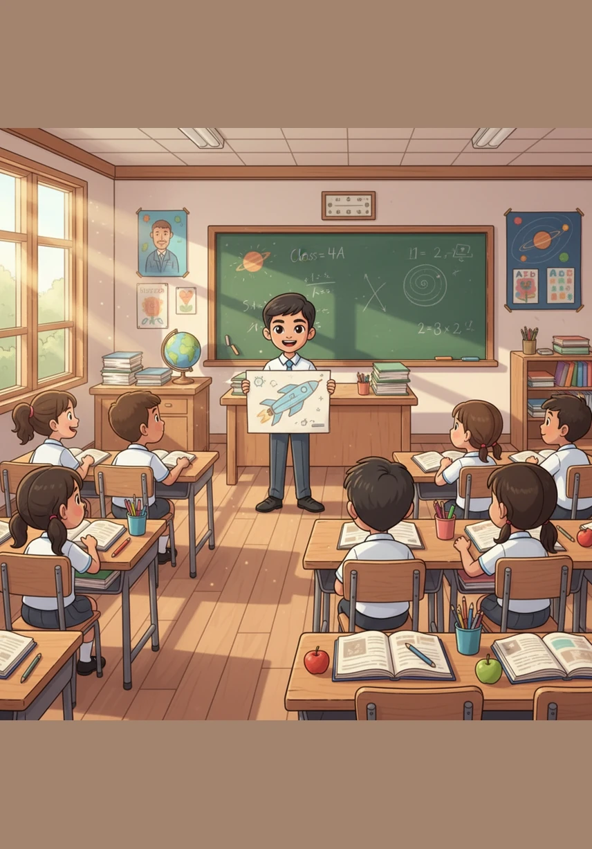 The sun shone brightly through the windows of Class 4A as the students buzzed with excitement. Nitin Singh, the intelligent class monitor, stood at the front to announce that a famous space scientist was coming to visit their school.