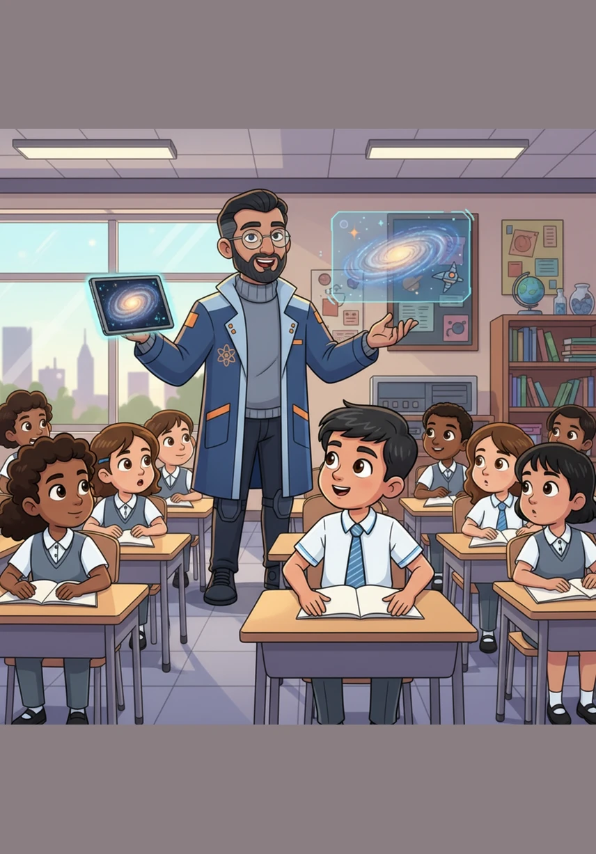 Dr. Aryan Mehta walked into the classroom carrying a mysterious silver box, met by a thunderous round of applause from the students. He smiled warmly at the eager faces, ready to share the secrets of the cosmos and the tools used to explore it.