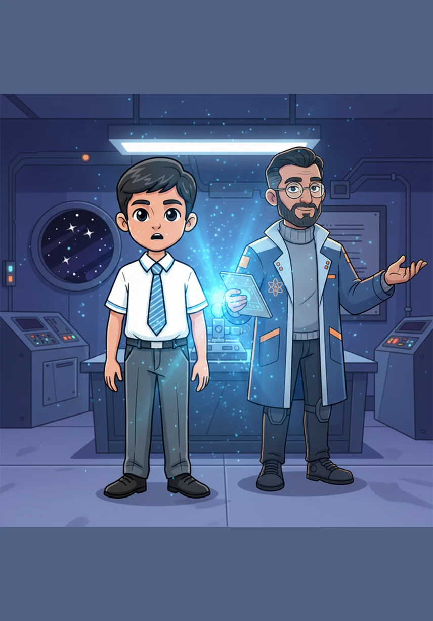 Suddenly, a brilliant blue light began to pulse from one of the instruments, filling the entire room with a magical, shimmering glow. The walls of the classroom started to fade away, replaced by the sleek metallic panels and glowing buttons of a high-tech spaceship.