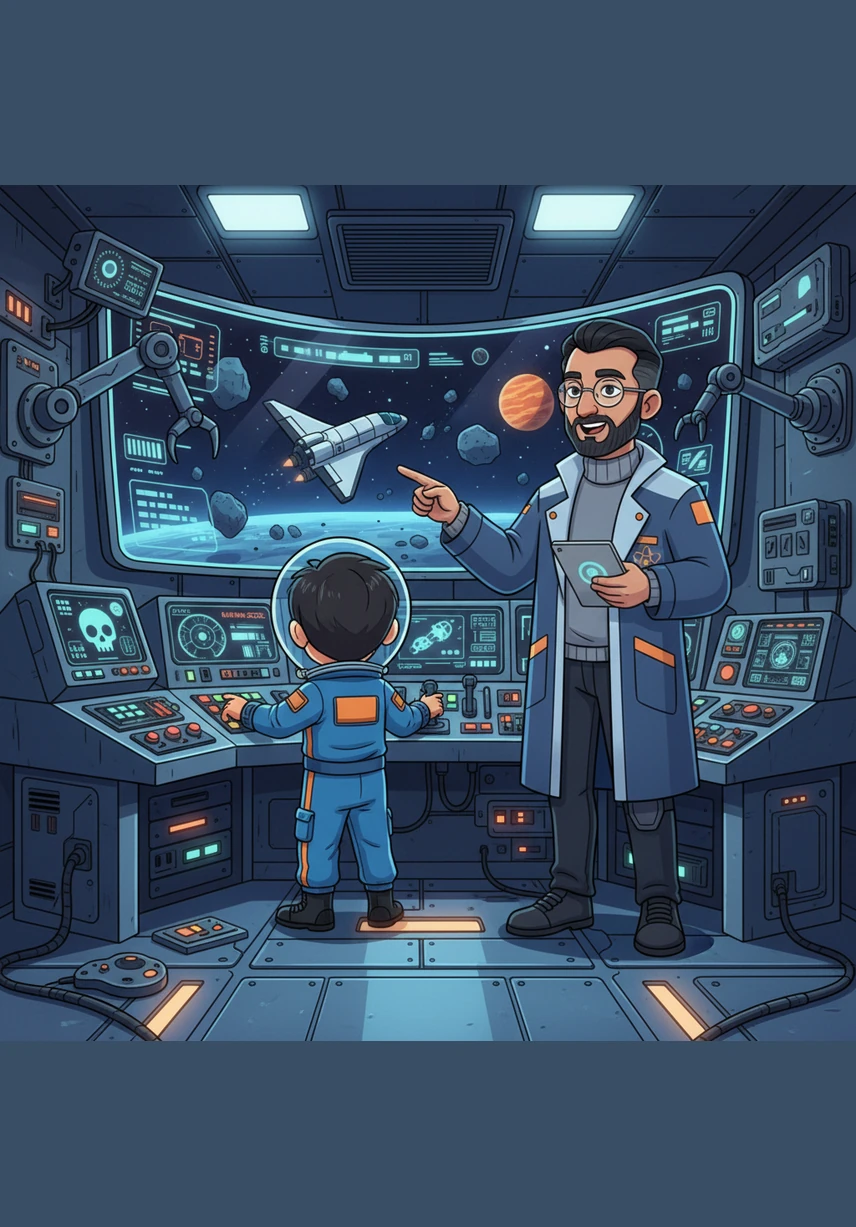 Dr. Mehta calmly reassured the class that they were inside a state-of-the-art space training simulator. Nitin quickly took charge, organizing his classmates into a professional space team to handle the controls and monitor the ship's systems.
