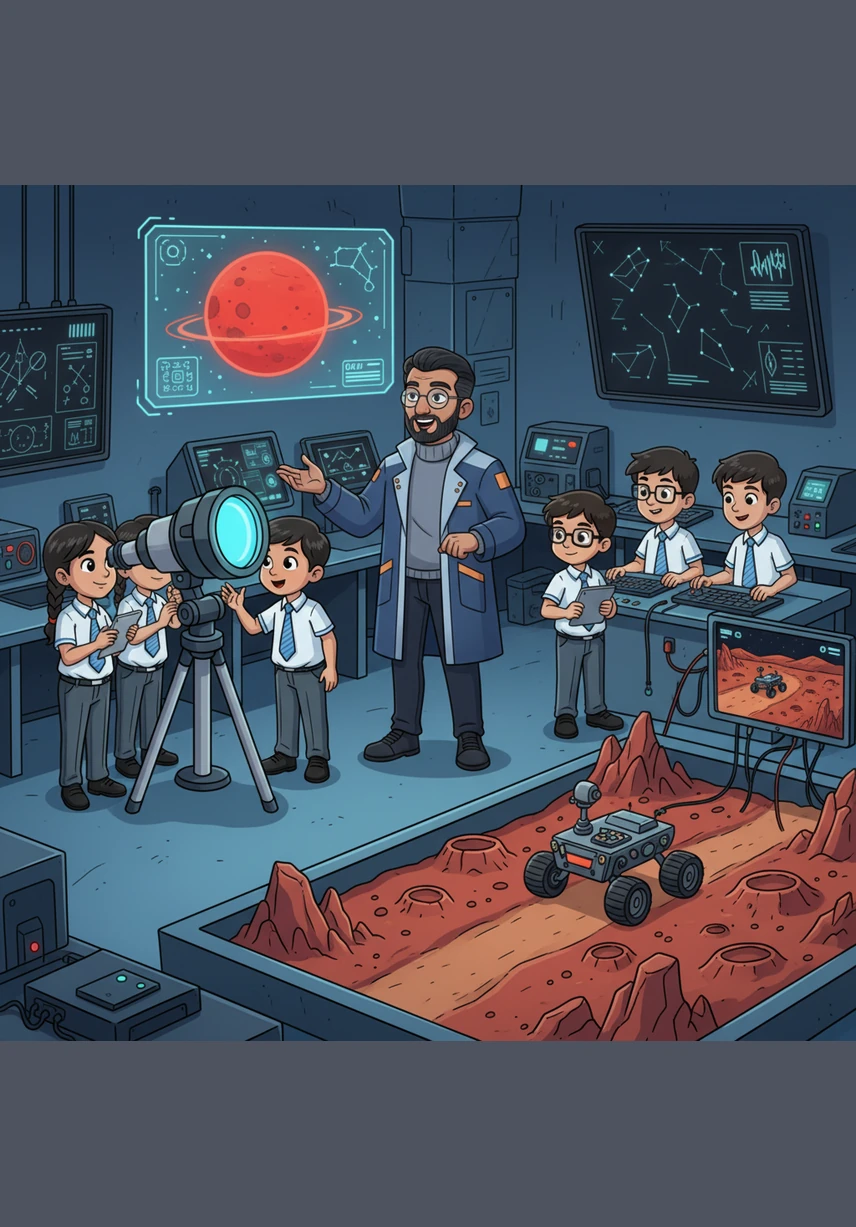 Some students peered through the digital telescope to track the red glow of Mars, while others operated the remote-controlled rover. They guided the rover carefully across a simulated rocky landscape, feeling like true pioneers of the final frontier.