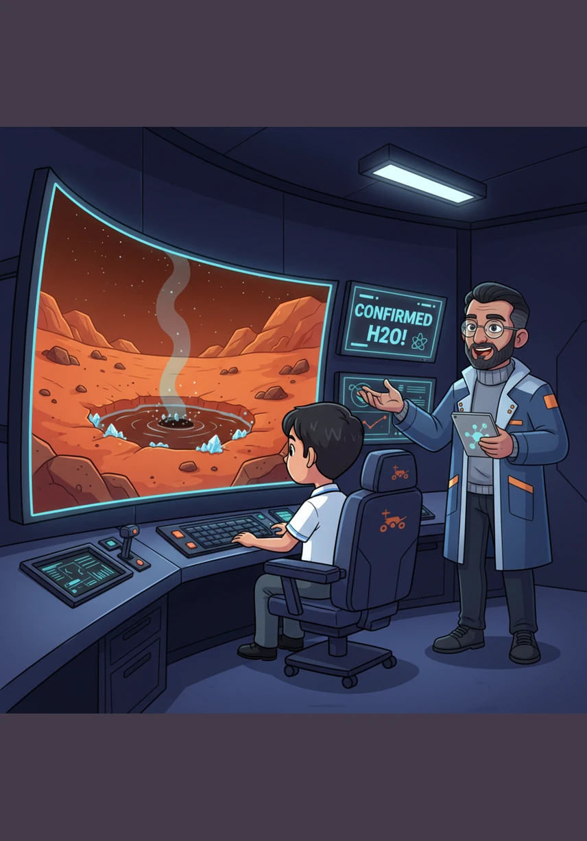 On the mission screens, a magnificent glowing crater appeared next to towering icy mountains on the Martian surface. The children recorded their data with wide eyes, amazed by the hidden wonders they were discovering on the Red Planet.