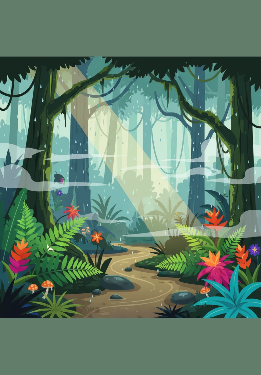 В густом тропическом лесу воздух кажется почти осязаемым и невероятно свежим. Атом наблюдает, как деревья выдыхают прозрачные пузырьки кислорода, которые переливаются на солнце и дают жизнь всему живому вокруг.