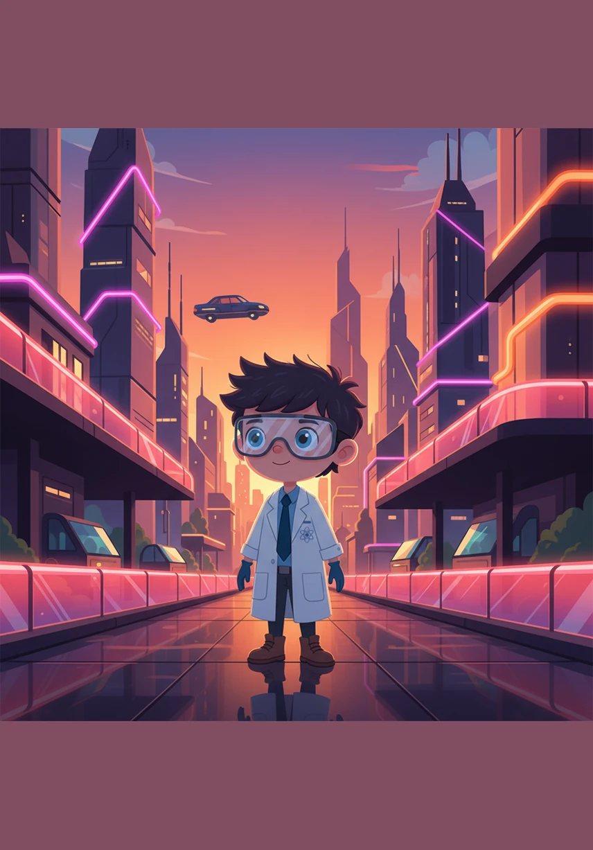 На закате герой попадает в город будущего, залитый ярким и гипнотическим светом. Благородные газы, такие как неон, раскрашивают улицы в неоновые розовые и оранжевые цвета, светясь внутри изящных стеклянных трубок.