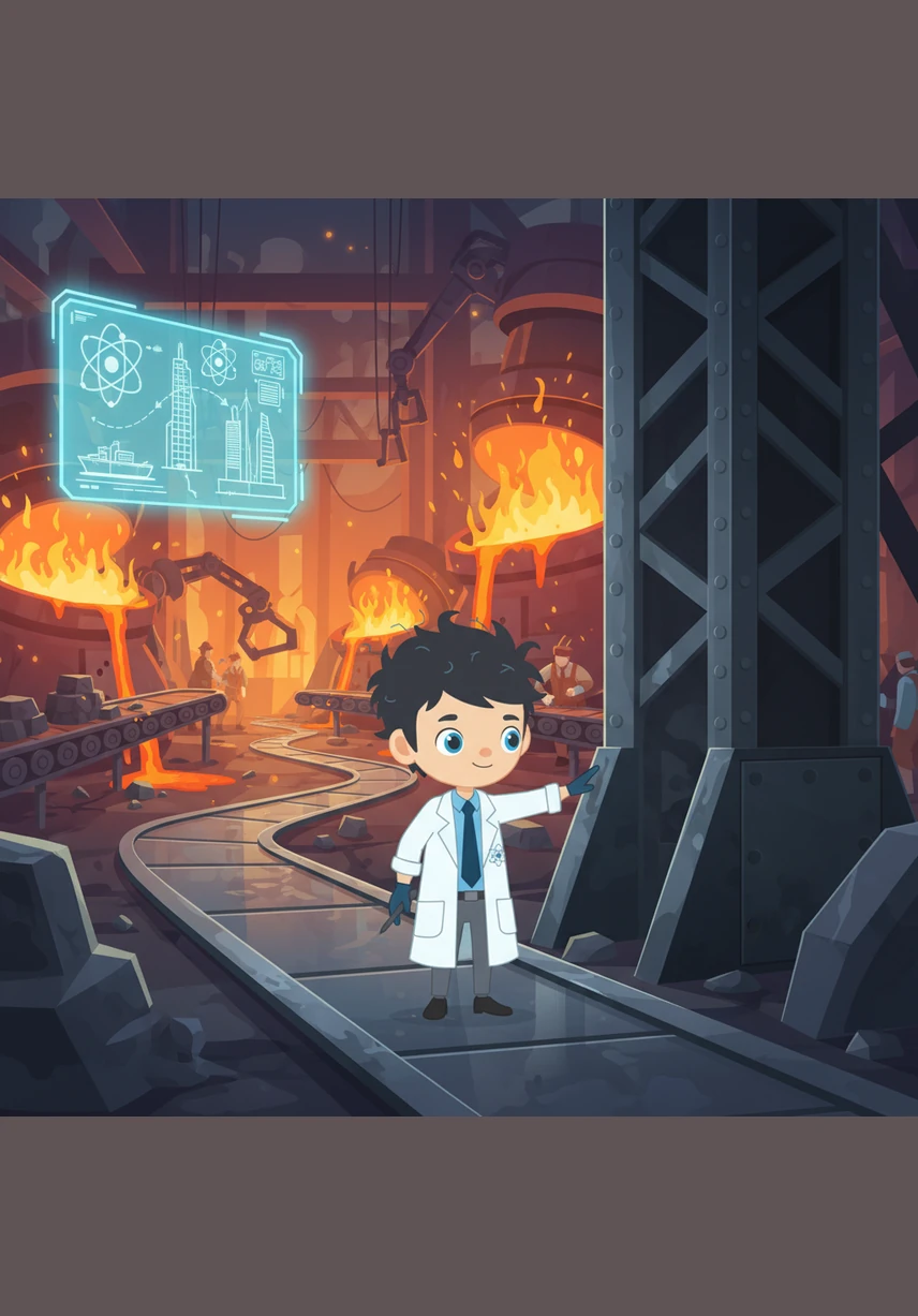 Путь ведет к гигантской кузнице, где среди искр и жара плавится раскаленное железо. Атом прикасается к холодным и прочным металлическим конструкциям, чувствуя невероятную силу элемента, из которого строятся корабли и небоскребы.