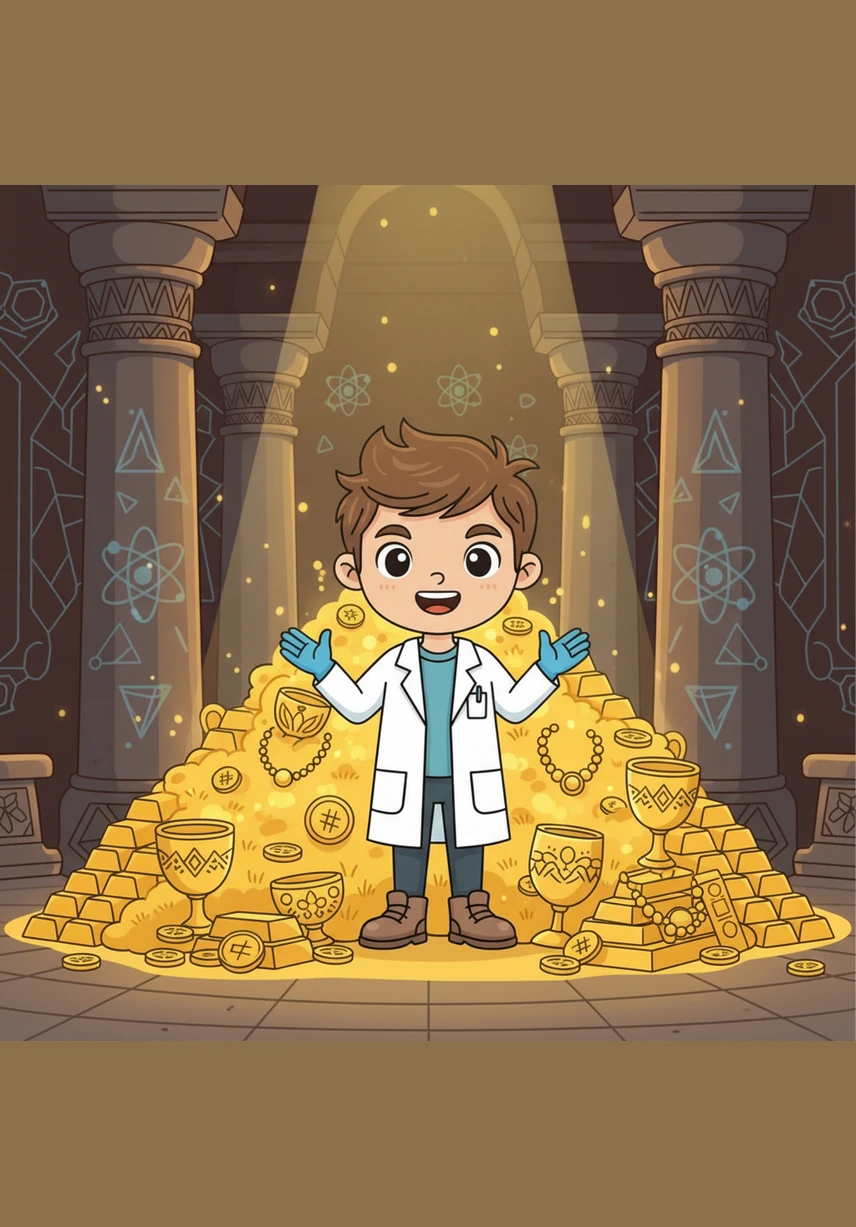 В скрытом от глаз храме Атом находит сокровища из чистого золота, которое никогда не ржавеет и не тускнеет. Этот благородный металл сияет мягким солнечным светом, олицетворяя вечную красоту и химическую стойкость.