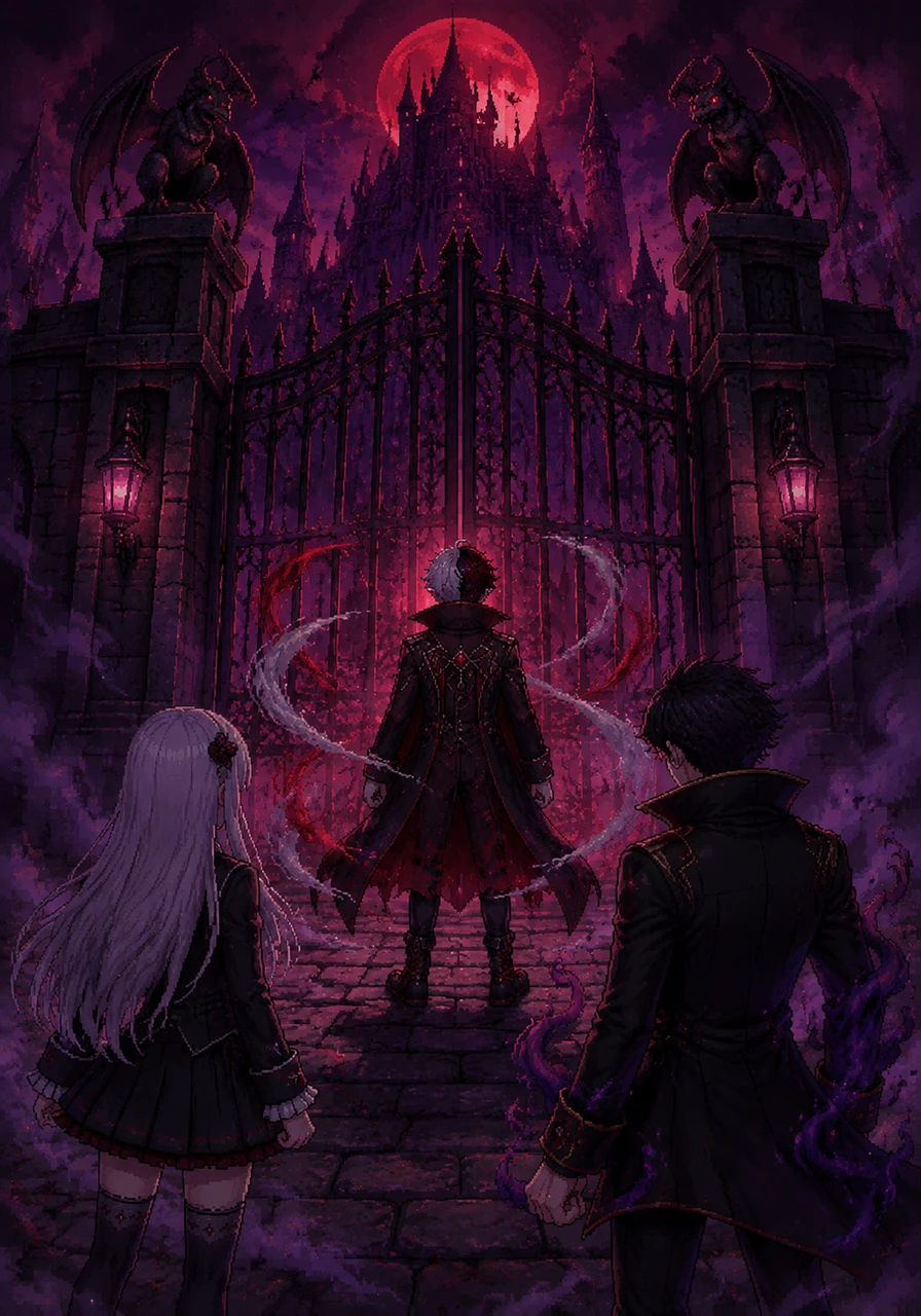 Vamps stands before the towering iron gates of Blood Castle Academy, a massive stone fortress shrouded in swirling purple mist. The red moon hangs low in the sky, casting long shadows over the gargoyles that seem to watch every move.