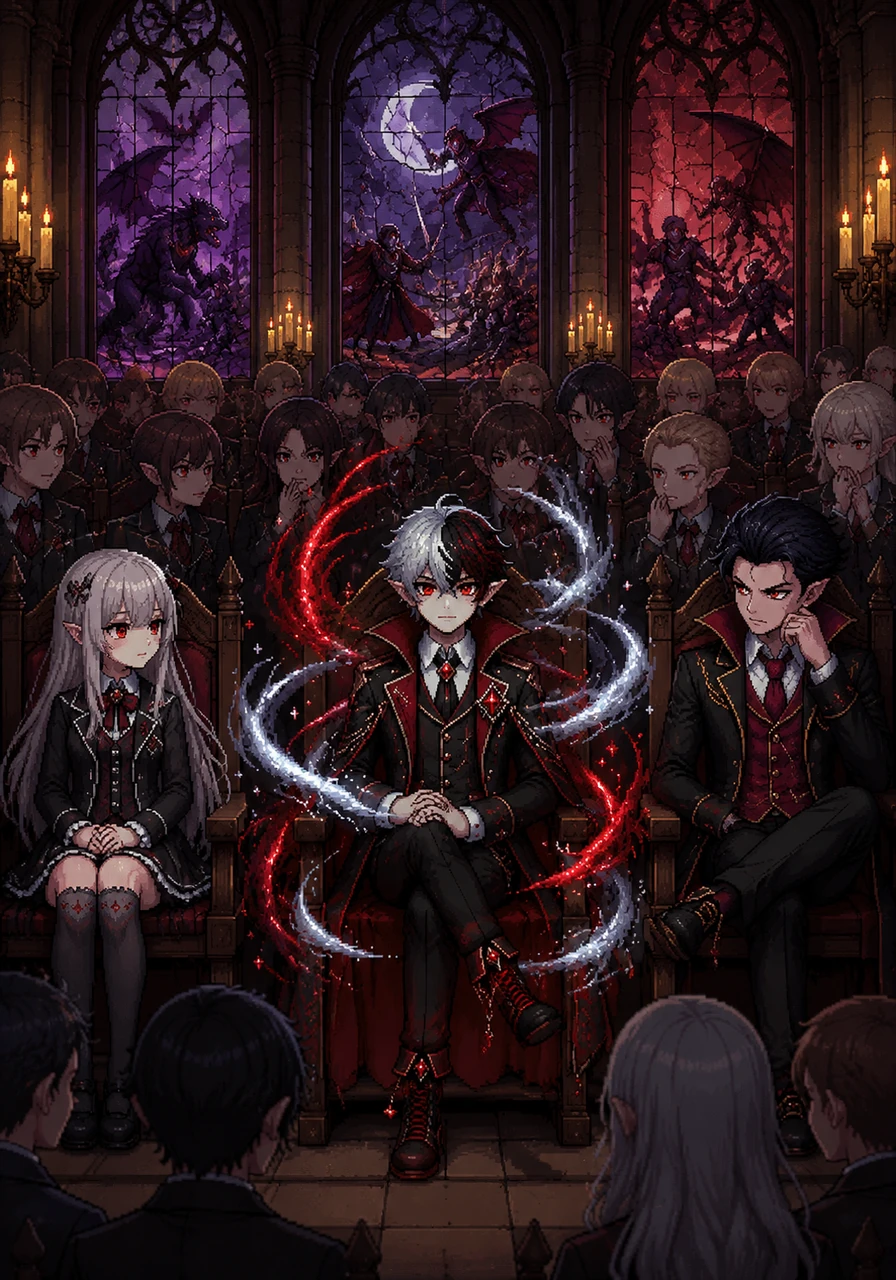 Inside the Great Hall, Vamps sits among rows of pureblood vampires who whisper and stare at the newcomer's unusual, glowing aura. The flickering candlelight illuminates the stained-glass windows depicting ancient battles between night creatures.