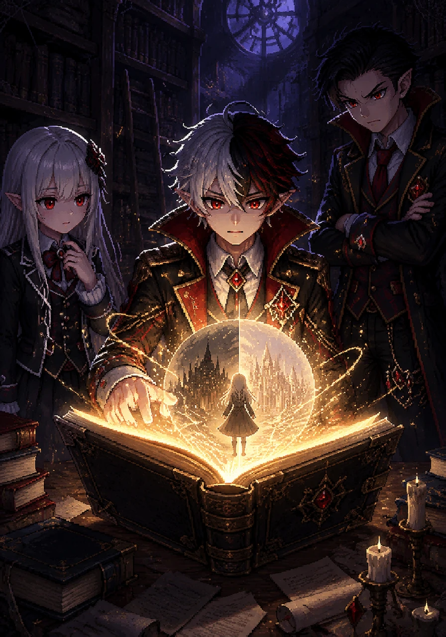 In the dusty archives of the Restricted Library, Vamps finds a glowing book that reacts only to their touch. The pages shimmer with golden light, revealing a hidden prophecy about a child born of two worlds who holds the key to the school's survival.