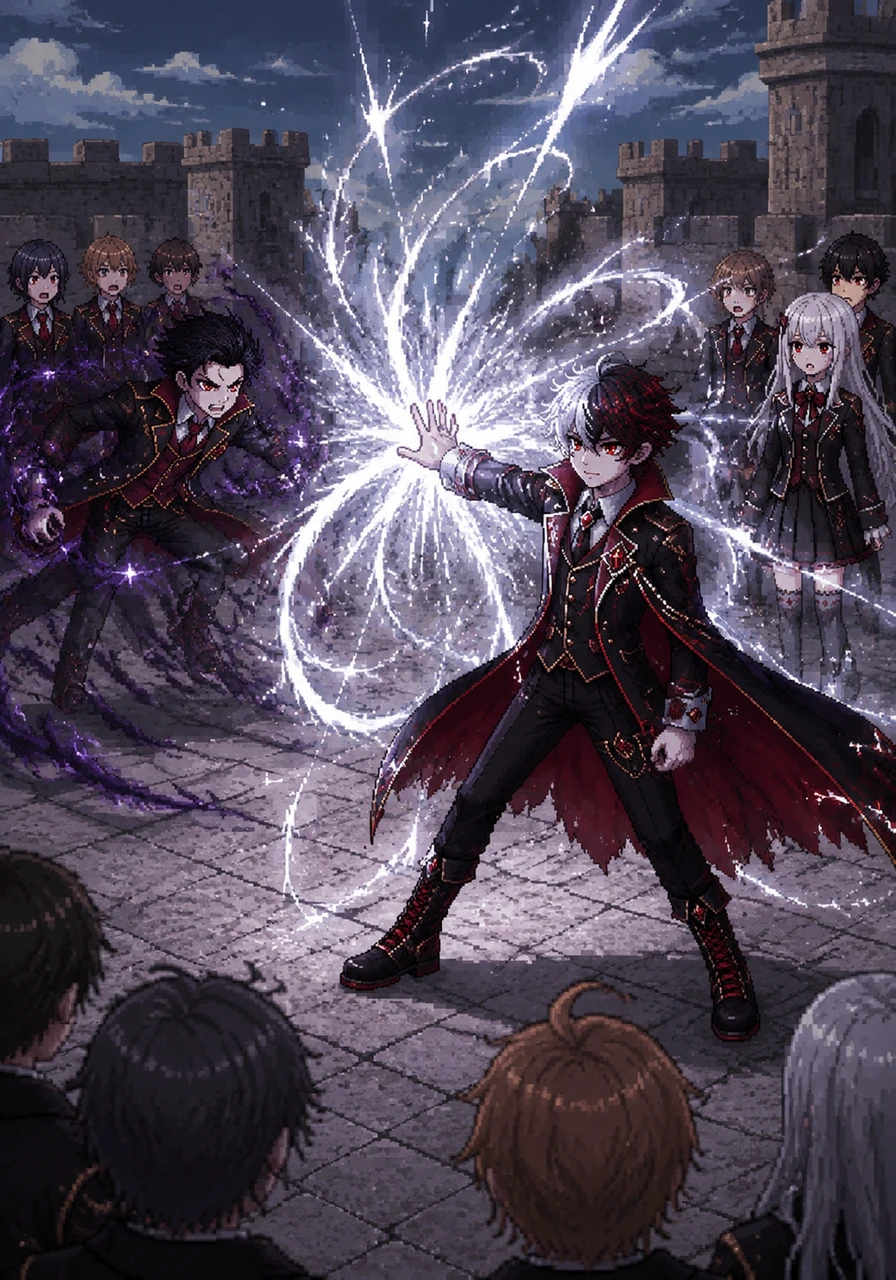 During a combat training session on the stone battlements, Vamps faces off against a fierce rival. While others use traditional shadows, Vamps accidentally summons a burst of radiant silver energy that leaves the class in stunned silence.