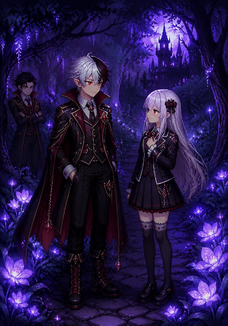 While walking through the Whispering Woods behind the castle, Vamps meets a silver-haired girl who is also hiding a secret. They share a moment of quiet understanding under the glowing purple flora of the enchanted forest.