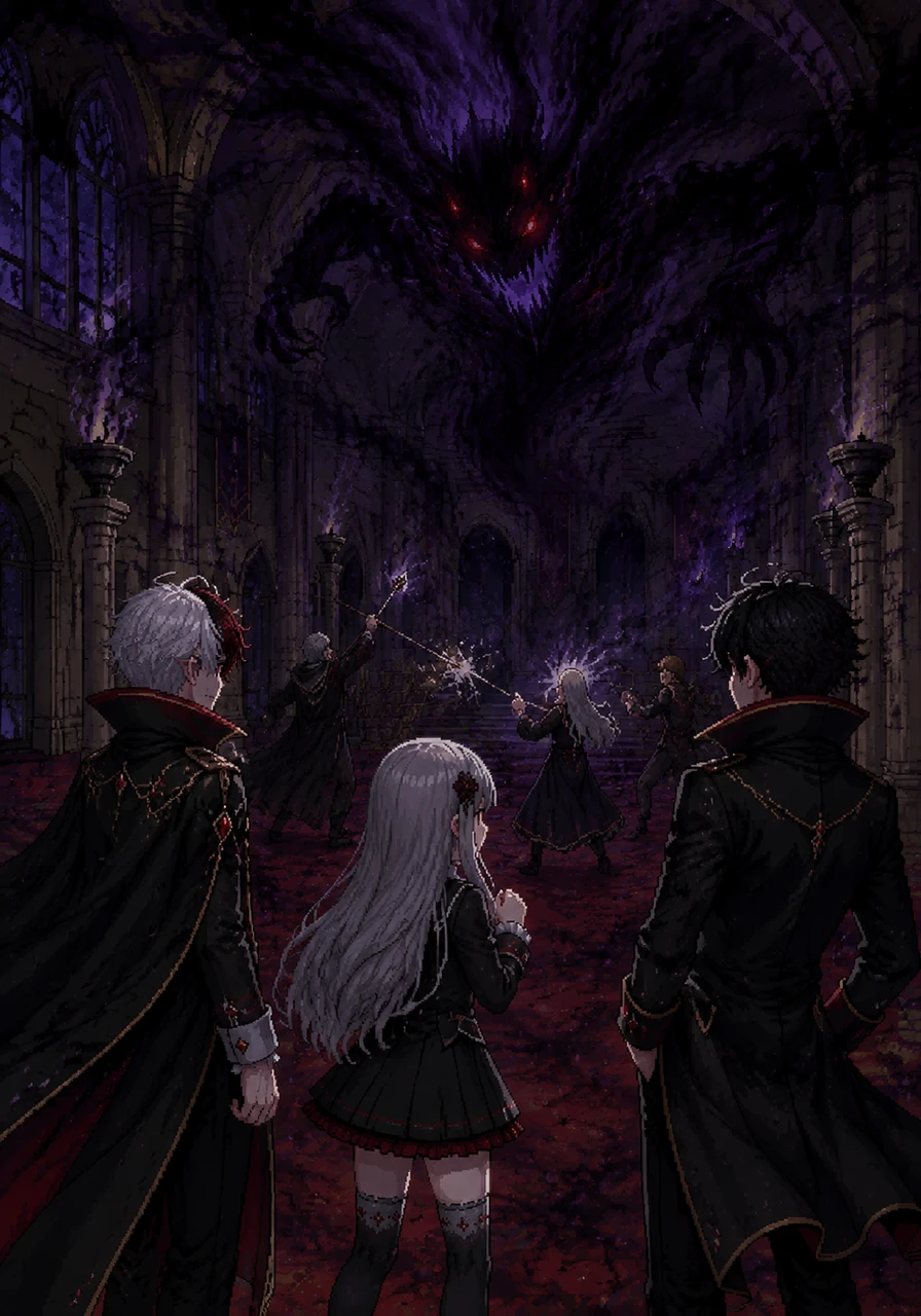A thick, unnatural darkness begins to seep through the academy walls, chilling the air and snuffing out the torches. Vamps watches as the shadows take the shape of a monstrous entity that the teachers cannot seem to hold back.