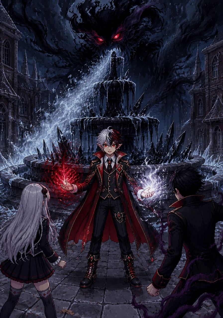 The shadow entity corners the students in the courtyard, its icy breath turning the central fountain to black ice. Vamps steps forward, realizing that their mixed heritage allows them to control both light and dark magic simultaneously.