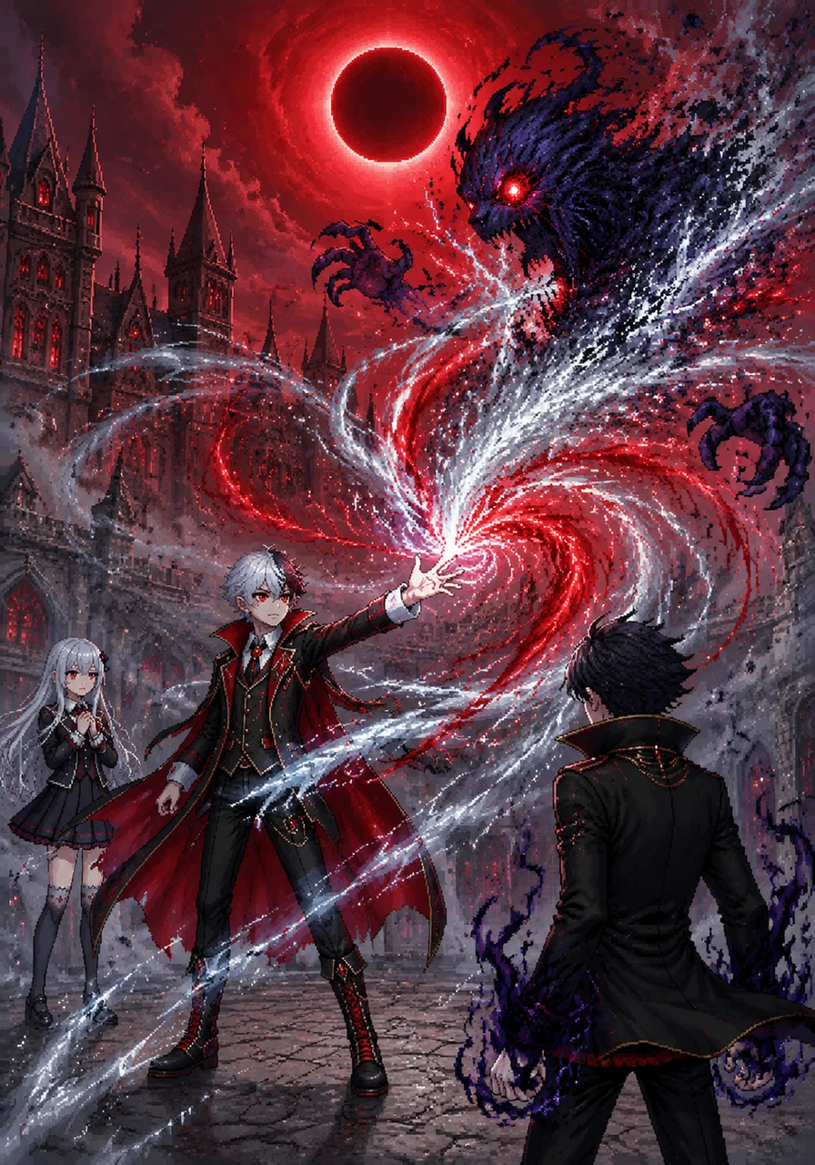 In a climactic showdown under the crimson eclipse, Vamps unleashes a swirl of silver and red energy to banish the shadow monster forever. The energy ripples through the academy, restoring balance and clearing the oppressive mist from the sky.