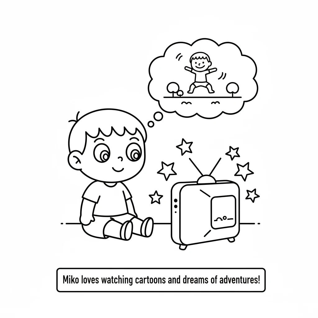 Miko sits happily on the floor, eyes wide, watching a cartoon show on a simple, square TV. Bright stars sparkle around the TV screen, showing Miko's e