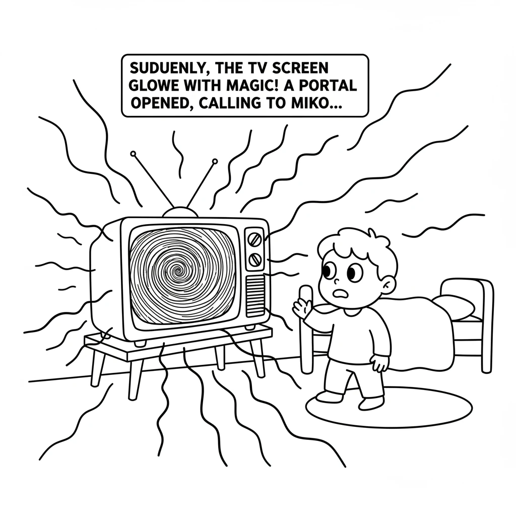 Suddenly, the TV screen glows with a swirling vortex of energy. Lines of light burst out from the television, reaching into Miko's room. A magical por