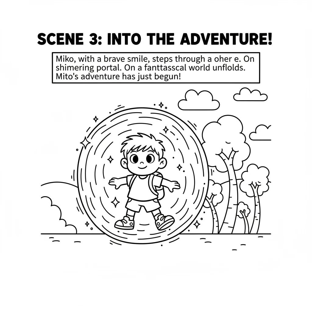 Miko, with a brave smile, steps through the shimmering portal. On the other side, a fantastical world unfolds with simple, bouncy trees and fluffy clo