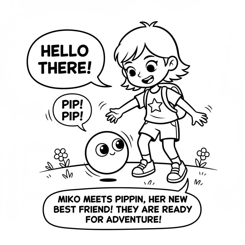In this new world, Miko meets a small, round, friendly creature with big eyes. The creature, named Pippin, bounces happily around Miko's feet. They in