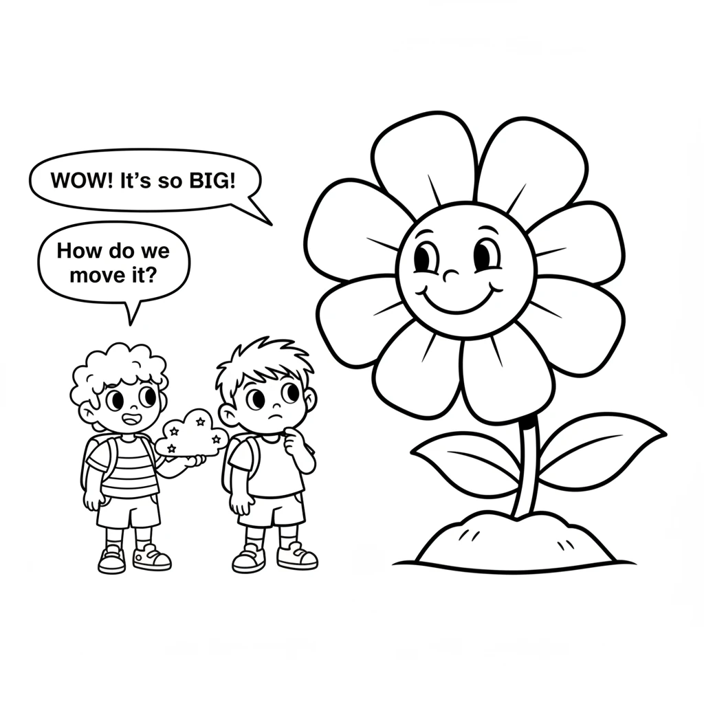Miko and Pippin encounter a giant, smiling flower with huge petals blocking their path. The flower is too big to go around, but it looks very gentle.