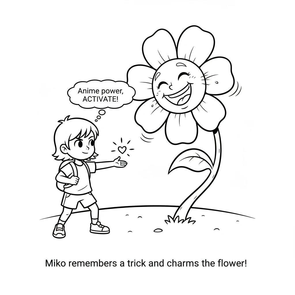 Miko thinks hard, then remembers a trick from the anime show. Miko reaches out, and a tiny, sparkly heart symbol floats from Miko's hand towards the f