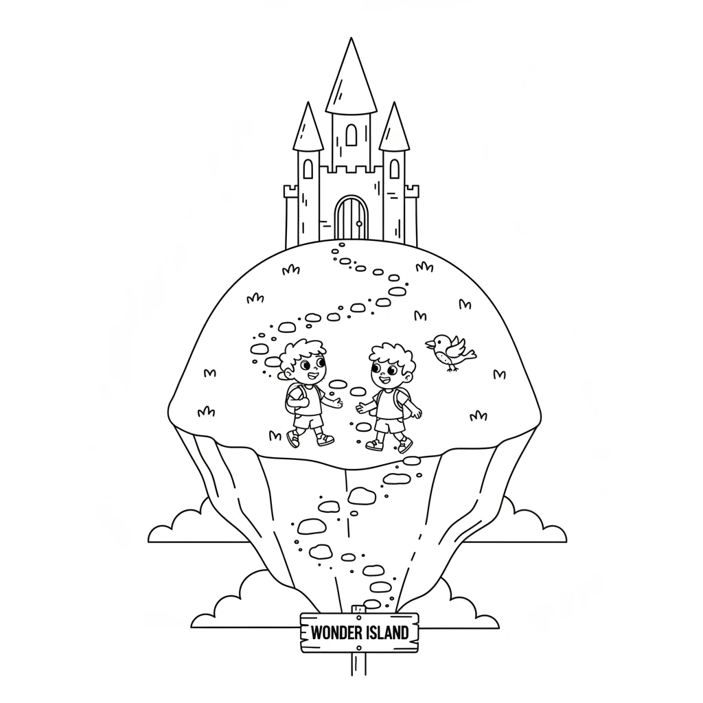 Following a winding path, Miko and Pippin arrive at a beautiful floating island. A simple, friendly castle with a tall, pointy roof sits atop the isla