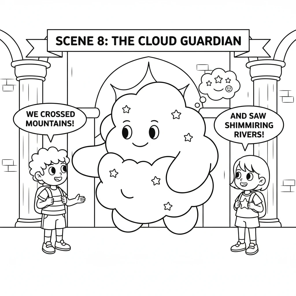 Inside the castle, they meet a kind, wise Cloud Guardian, a friendly character made of soft, rounded clouds. The Cloud Guardian smiles warmly at Miko