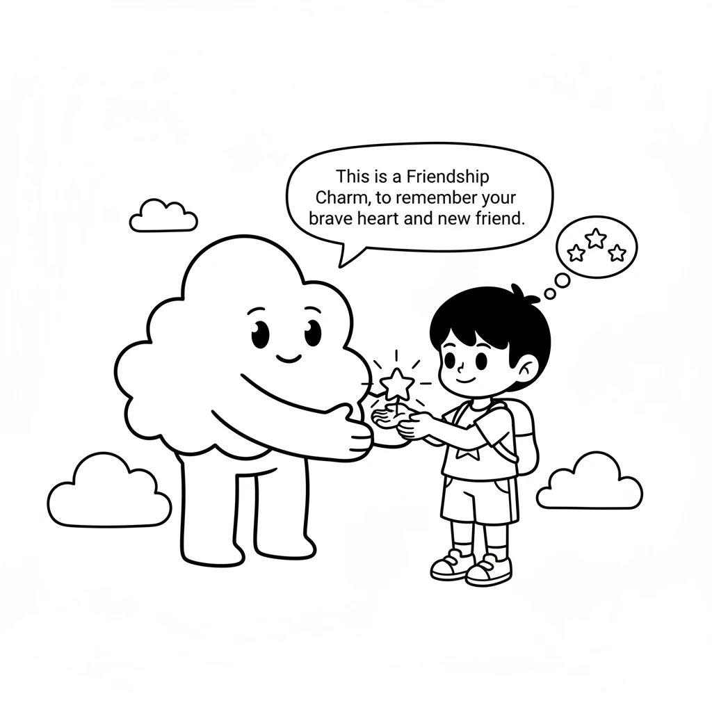 The Cloud Guardian presents Miko with a shimmering, star-shaped charm. 'This is a Friendship Charm,' the Guardian explains, 'to remember your brave he