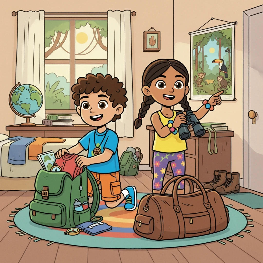 Rio and Sol, two adventurous explorers, packed their bags. They were excited about their trip to the Amazon Rainforest, the biggest forest in the world! Their journey was about to begin, full of wonder and discovery, and they couldn't wait to learn more about the amazing trees.