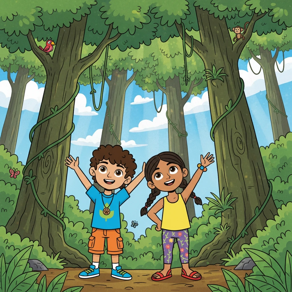 Arriving in the Amazon, Rio and Sol gazed up at the towering trees. Some were taller than twenty houses! They stretched their arms high above their heads, mimicking the trees, feeling the strength and power of the forest.