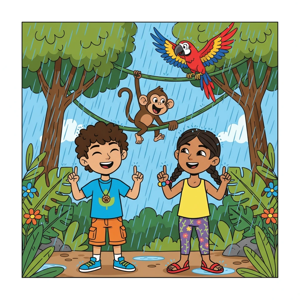 Suddenly, it started to rain! Rio and Sol giggled, wiggling their fingers to make the rain fall. A playful monkey swung through the trees, chattering loudly. A colorful macaw flew overhead, its wings a blur of brilliant colors.