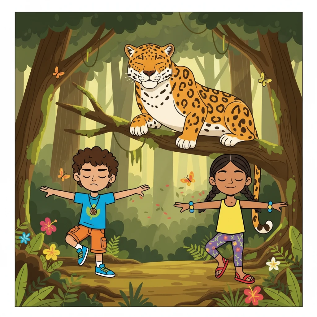 Deep in the forest, they spotted a jaguar, strong and steady. Rio and Sol tried to balance like the jaguar, focusing on their breath and finding their center. They realized how important it was to be calm and grounded, just like the forest.