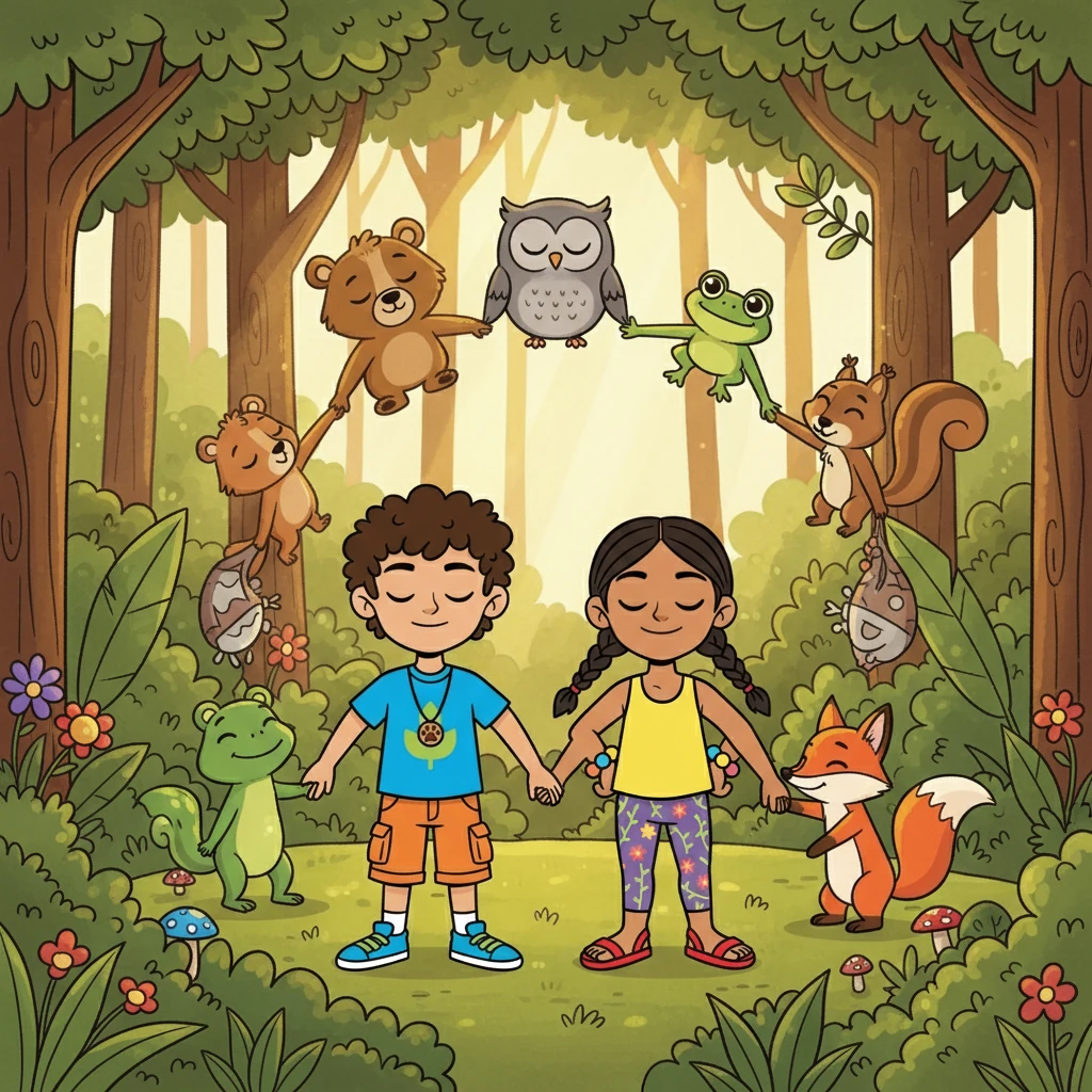 Rio and Sol gathered with the other animals to make a promise. They stood in a circle, holding hands, and recited the Forest Hero Pledge. They closed their eyes, listened to the forest, and felt the joy of knowing they were making a difference.