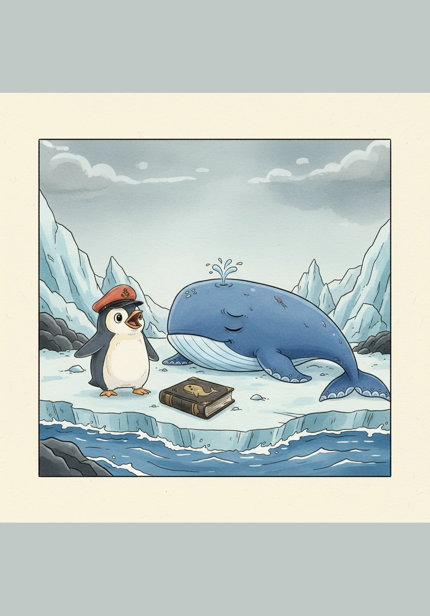 Captain Pip, a small penguin wearing a bright red captain’s hat, discovers a shimmering glass bottle washed up on the icy shore. Inside, a weathered map glows with a faint, golden light, whispering a melody that only Pip can hear.
