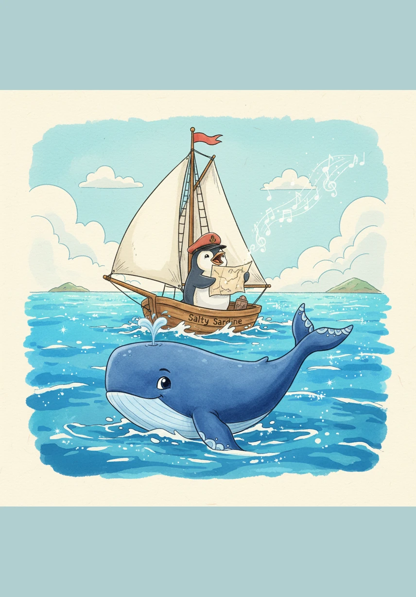 With his trusty boat, the Salty Sardine, Pip sets sail across the sparkling blue ocean. The wind whistles through the rigging as he looks toward the horizon, guided by the mysterious notes drifting from the magical map.