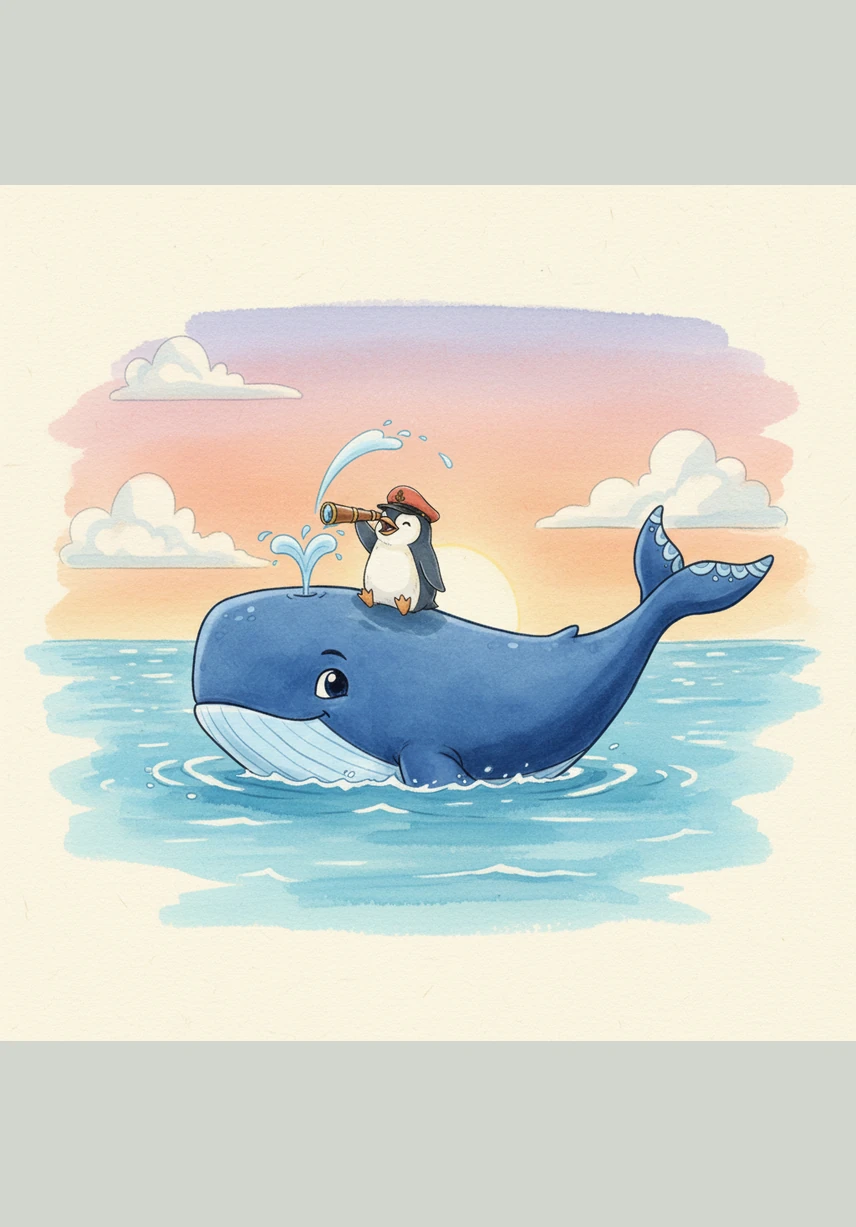 A giant, gentle blue whale named Barnaby surfaces beside the boat, spraying a mist of rainbow bubbles into the air. Barnaby hums a deep bass line that matches the map’s tune, pointing his fin toward the distant Whispering Isles.