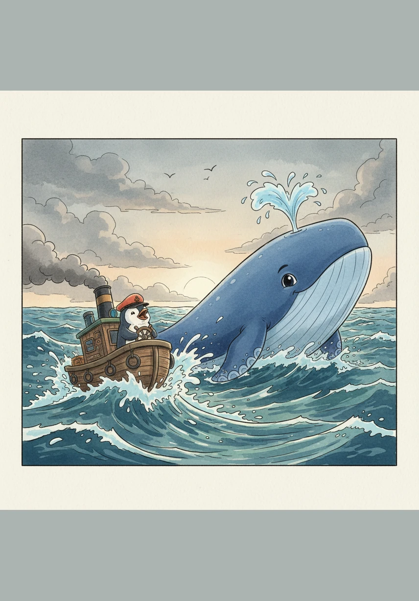 Suddenly, dark clouds gather and the sea turns choppy, but Pip grips the steering wheel with steady determination. He sings loudly against the roaring thunder, and the waves seem to soften as they listen to his brave, clear voice.